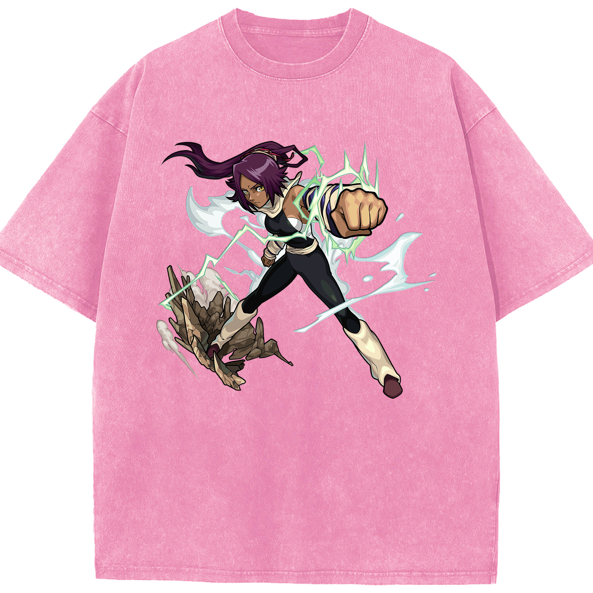 （画像用） ブリーチ 四楓院 夜一（しほういん よるいち） BLEACH Shihouin Yoruichi 綿100% ヴィンテージ風 半袖Tシャツ（フロントプリント）